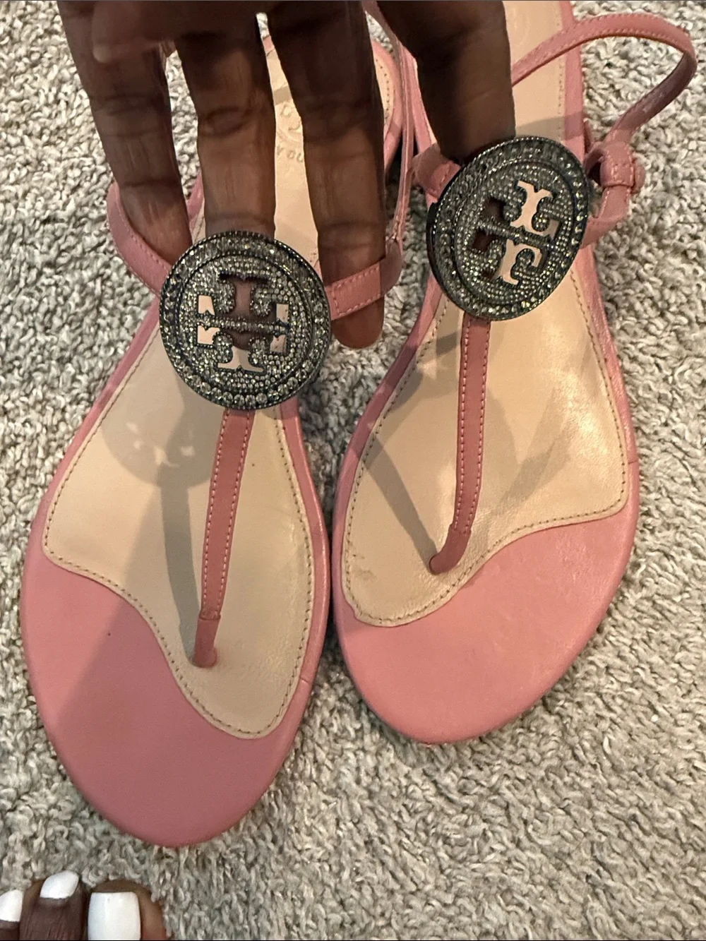 Tory Burch Pink Crystal Logo Thong Sandals